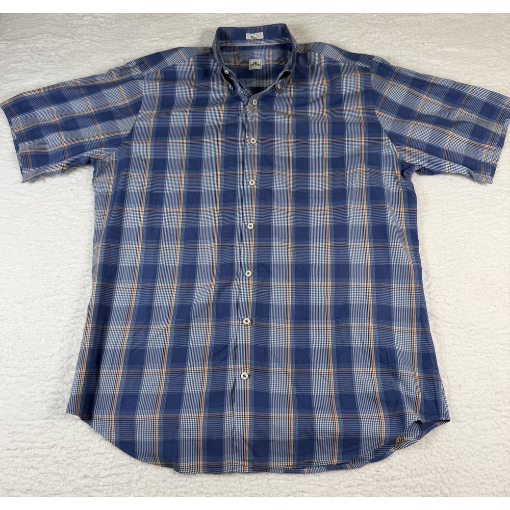 Peter Millar Shirt Mens Large Blue Plaid Short Sleeve Cotton Button Down Golf